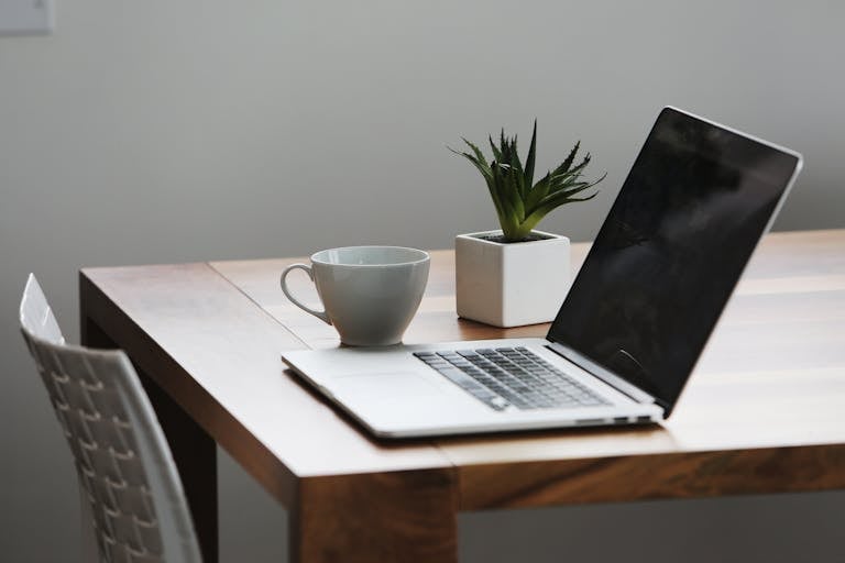 Cozy and modern workspace featuring a laptop, coffee mug, and a plant on a wooden desk.