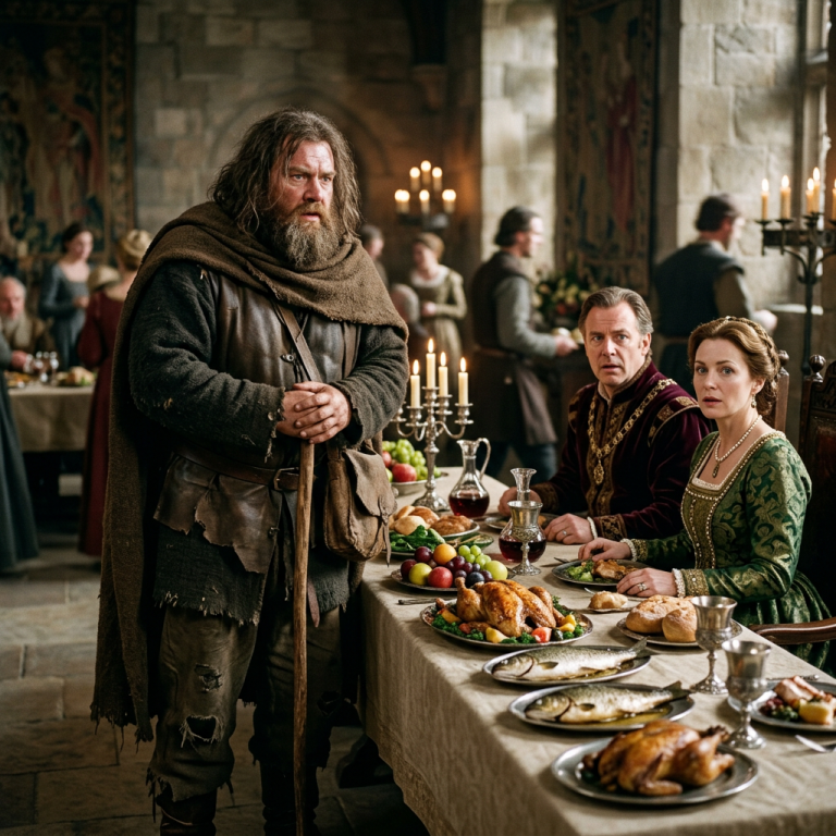 Rugged man addressing shocked noble couple seated at a banquet table with medieval food and candles